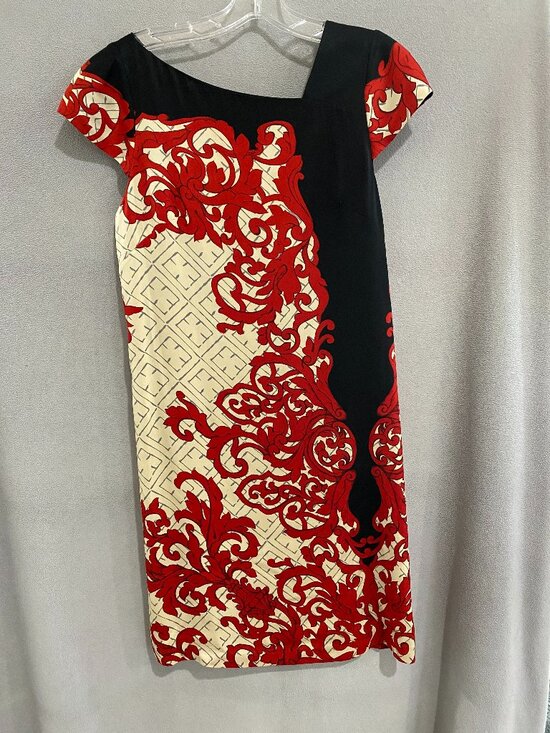 Yoana Baraschi Dresses & Skirts - Yoana Baraschi Silk Blend Red Black Baroque Print Dress Cap Sleeve Sheath Size 4